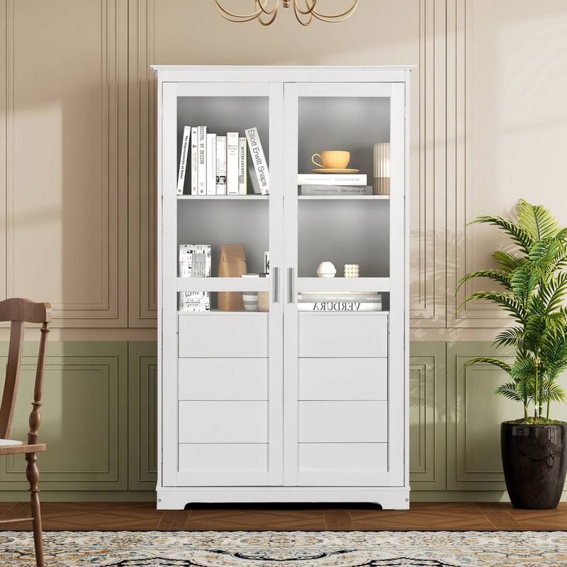 75" Tall Pine Wood Kitchen Pantry Cabinet with Glass Doors Four Drawers and Anti-Tipping Safety Features