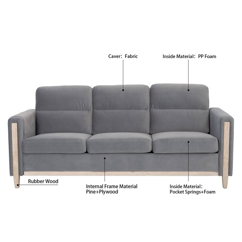 79.5" Velvet Solid Wood 3-Seater Sofa with Pocket Spring Seat, PP Foam Backrest, and Side Storage Pocket