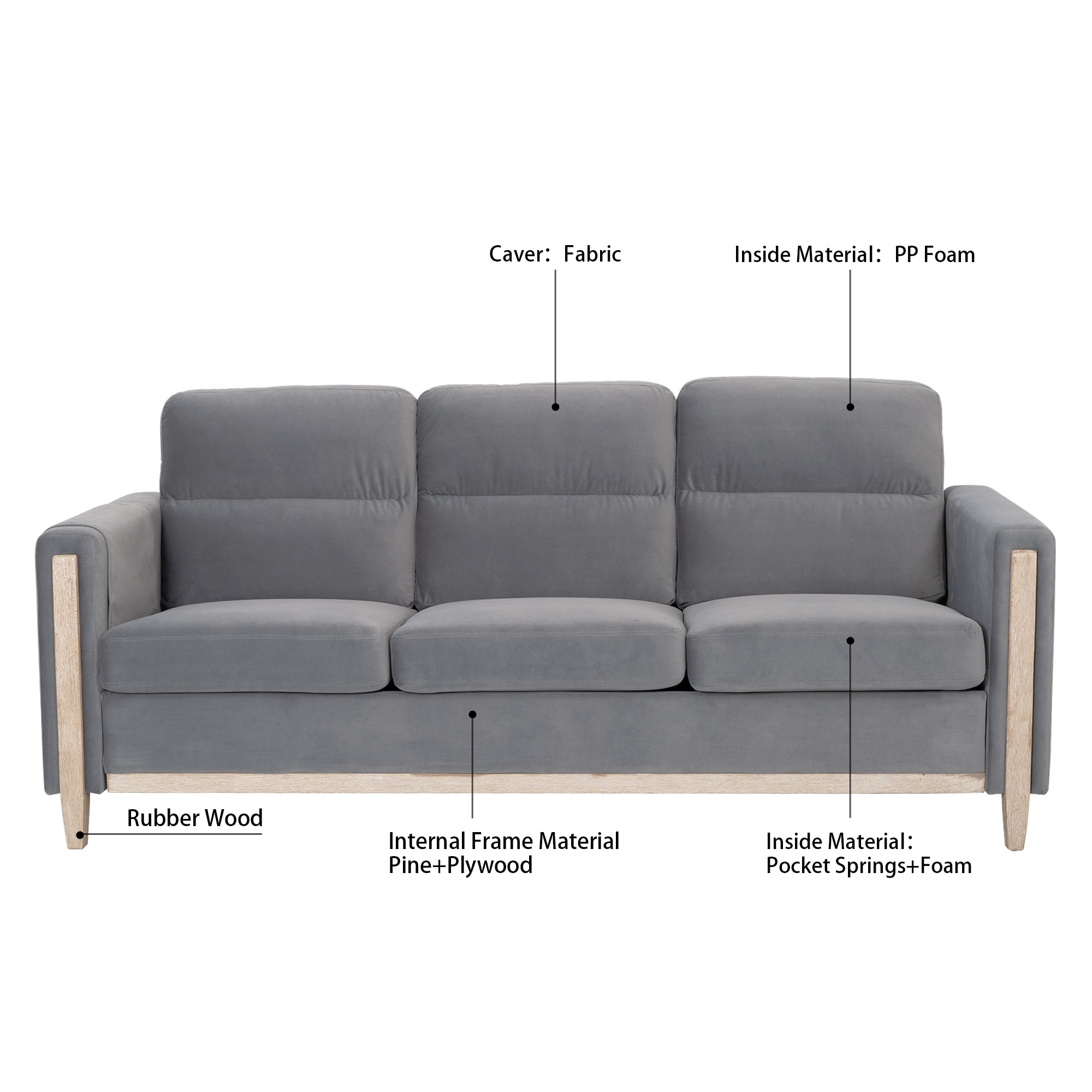 Comfortable Solid Wood 3-Seater Sofa with Removable Cushions and