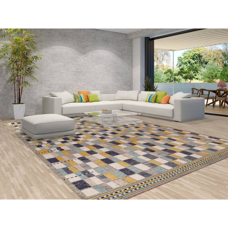 All-Over Checkered Moroccan Large Modern Area Rug Handmade Wool Carpet - 9'9"x 15'1"
