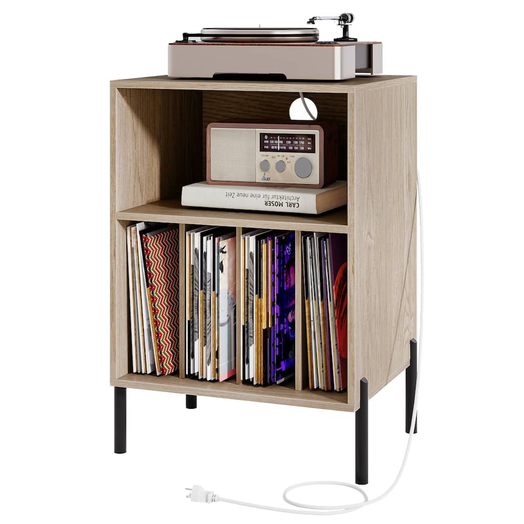 Gymax Record Player Stand w/Charging Station 5 Storage Compartments