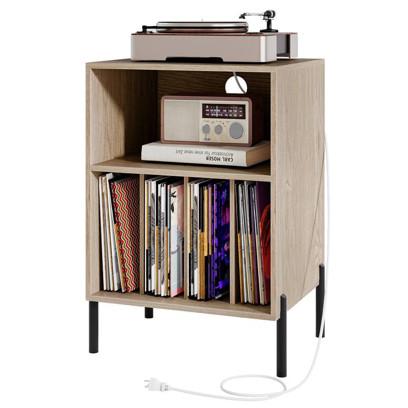 Gymax Record Player Stand w/Charging Station 5 Storage Compartments - Natural - MDF