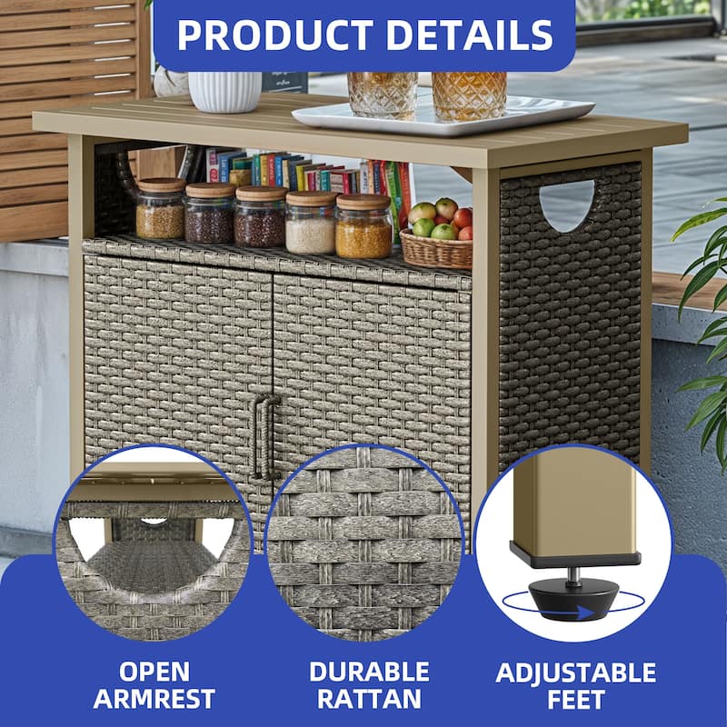 Moasis Outdoor Wicker Bar Table Ratten Storage Cabinet with 2 Doors and Shelves
