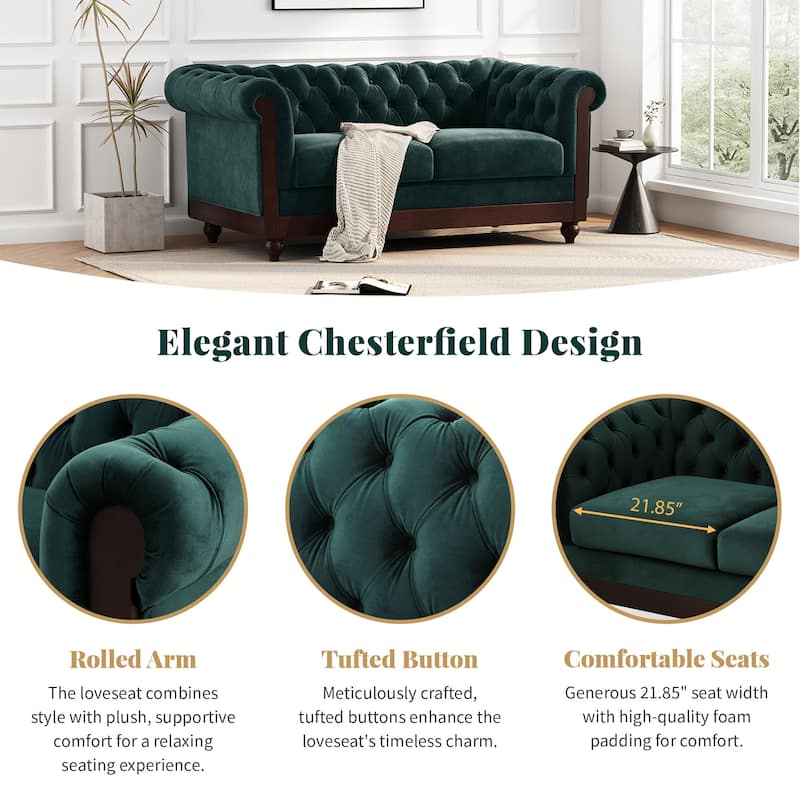 Velvet Loveseat Sofa, with Tufted Button Lounge Couch, Upholstered Sofa Couch 2-Person Rolled Armchair for Living Room
