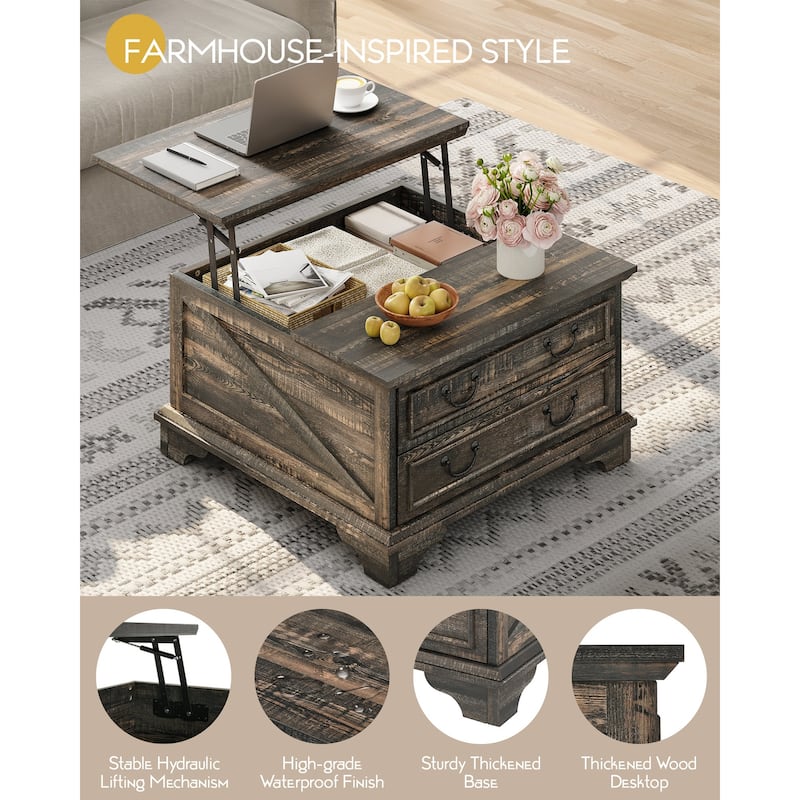 Moasis Farmhouse 31" Lift Top Square Coffee Table with 2 Drawers and Hidden Storage