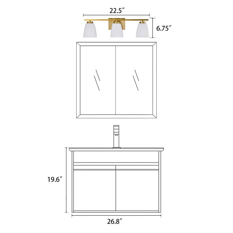 Brushed Nickel/Matte Black/Gold Modern 3-Light Vanity Light with Square Etched White Glass Shades