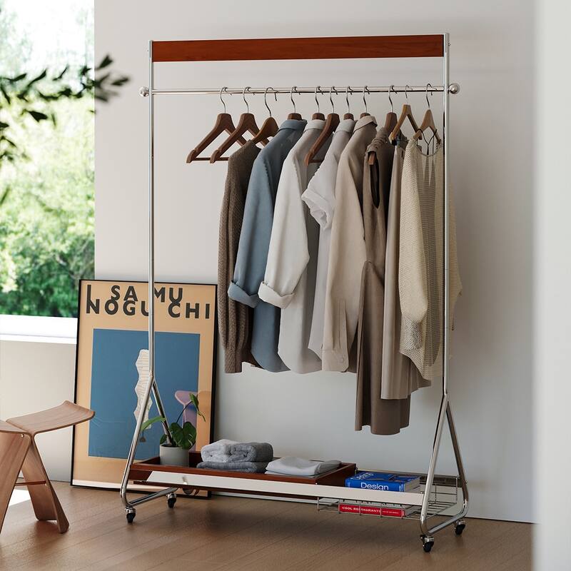 Antique American Style Clothes and Hat Rack with Storage Shelf, Portable Stainless Steel Floor Stand - Beige