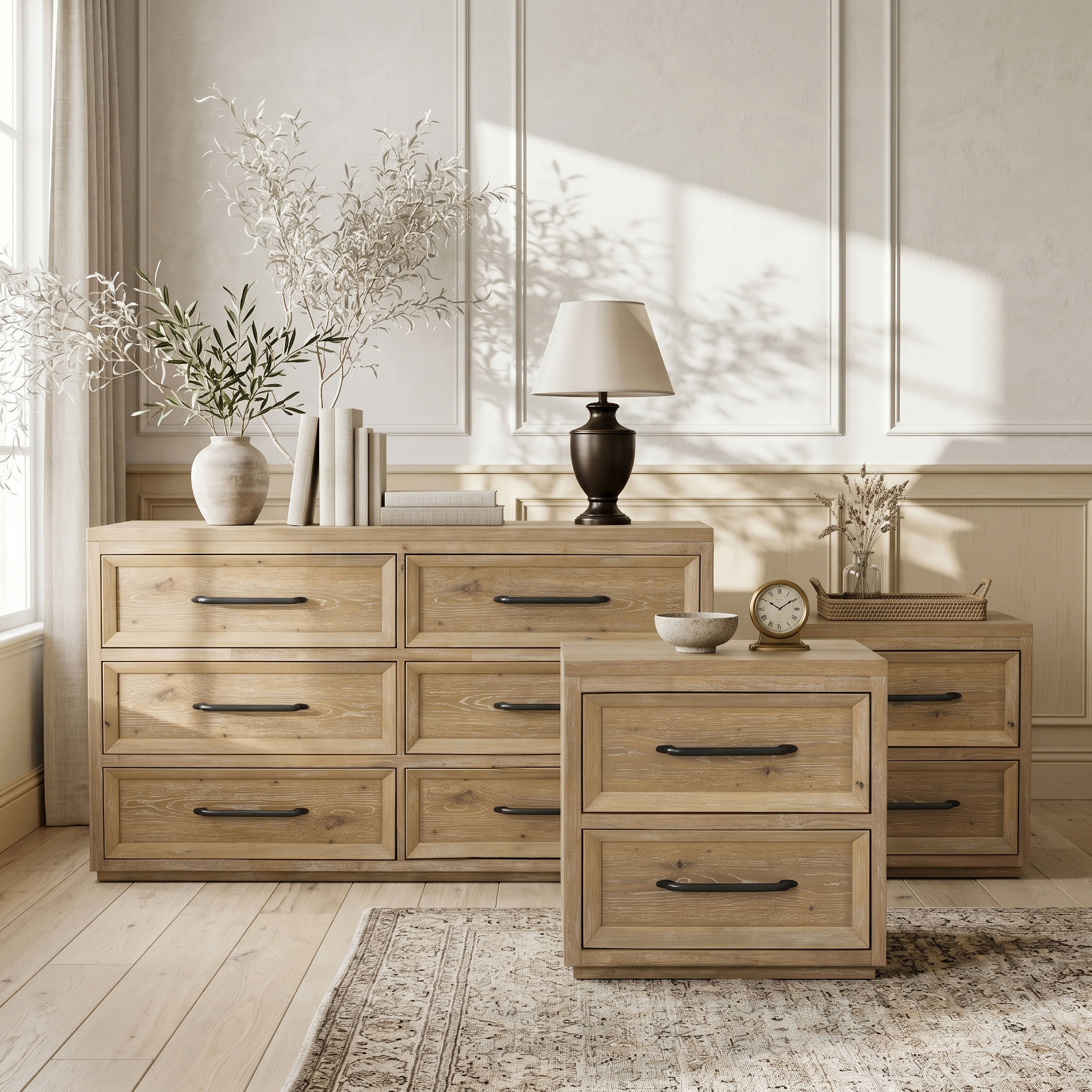 Furniture of America Tupho 3-Piece Natural Wood Dresser and 2 Nightstands Bedroom Set