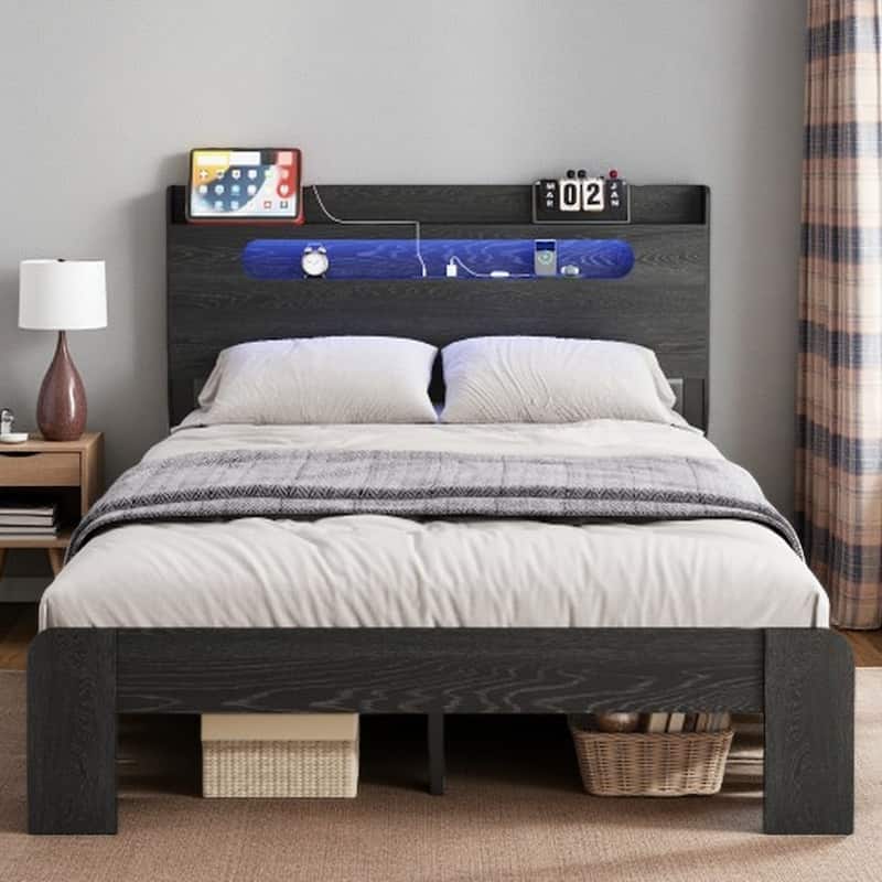 King Size Wood Platform Bed with LED Headboard, Storage Shelf, USB Ports & Outlets, Noise-Free Frame, No Box Spring Needed - King Black - King