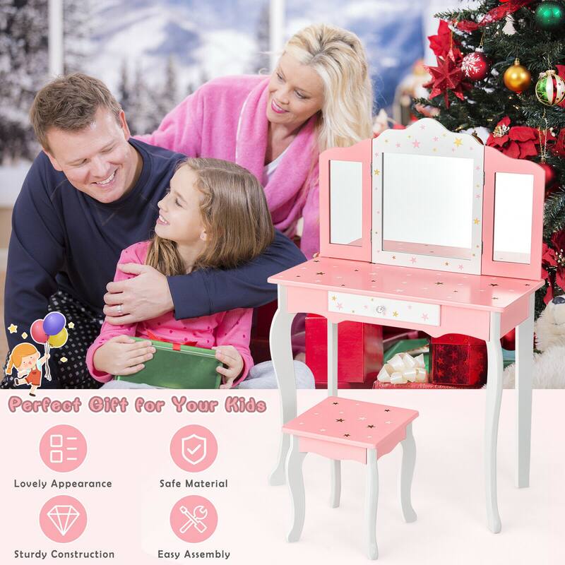 Gymax Kids Vanity Princess Makeup Dressing Table Chair Set W/ - See Details
