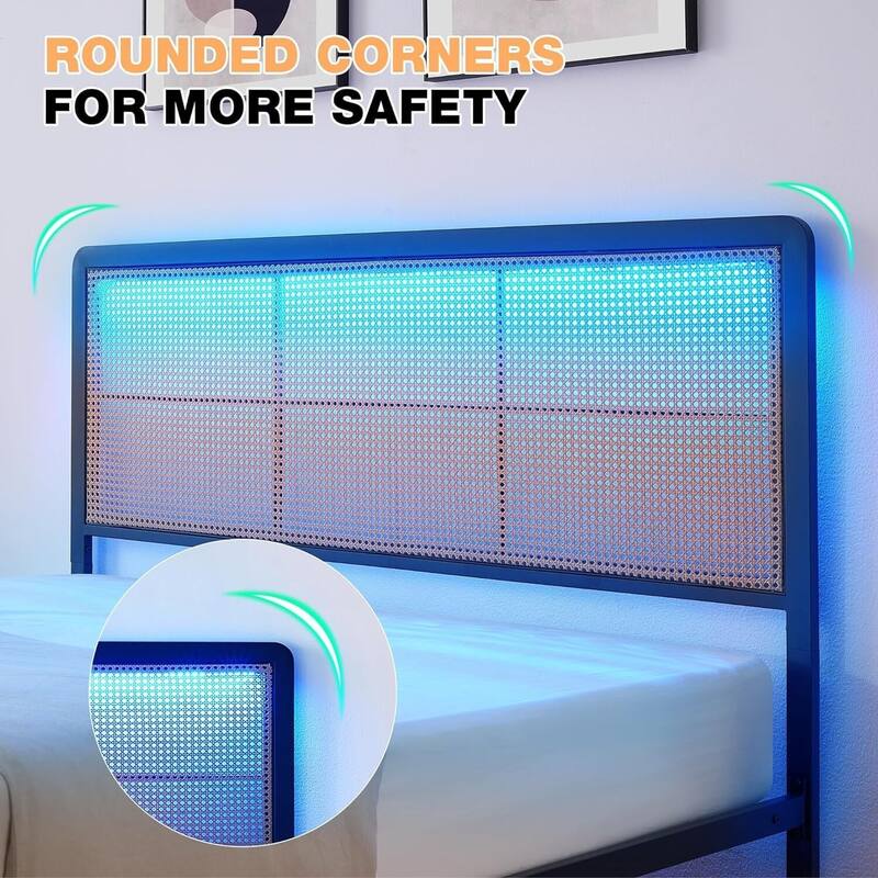 Rattan Bed Frame with Headboard LED Lights and Footboard