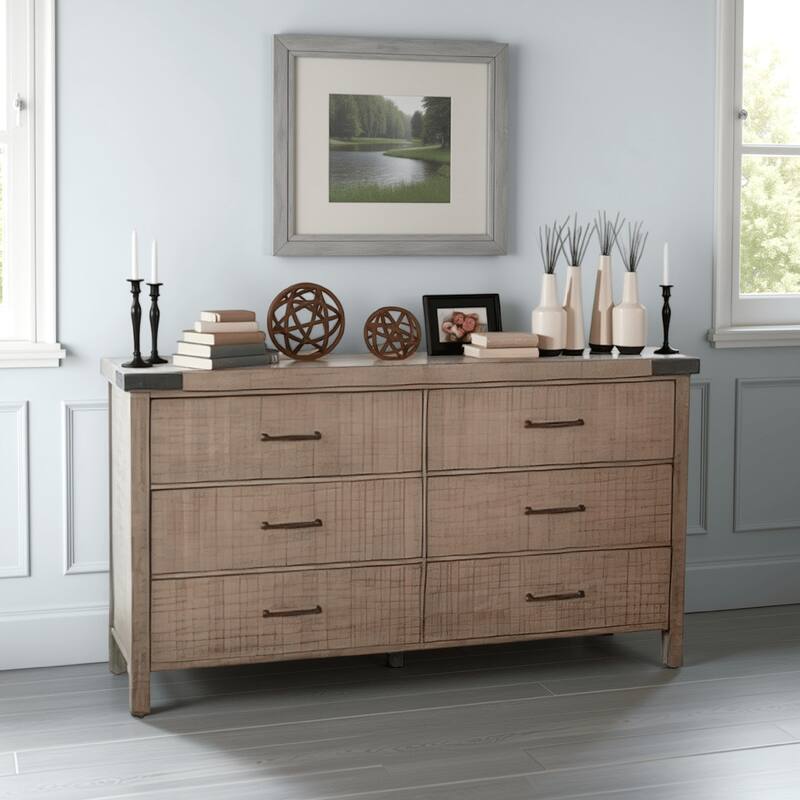 Desy Wide Dresser Chest with 6 Drawers, Light Brown Mahogany Wood
