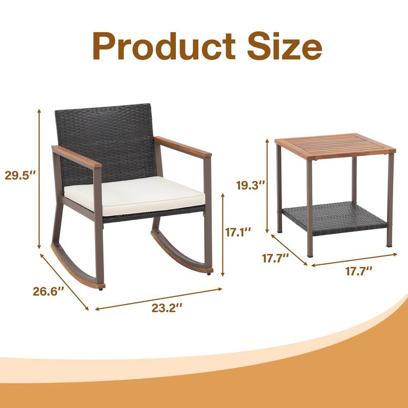 Outdoor 3 Pieces Wicker Rocking Bistro Chair Set with Coffee Table and Cushions, Mix Brown