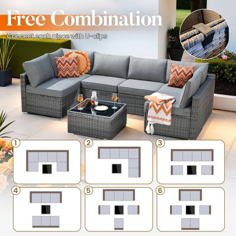 HOOOWOOO 8-piece Grey Wicker Patio Furniture Set Sectional Sofa with Fire Pit Table