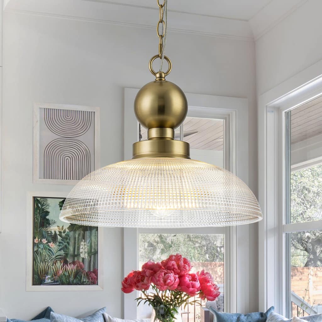 1-Light Gold Pendant Light Shallow Half-Dome Textured Grid Glass Shade - Dia.15.75-in