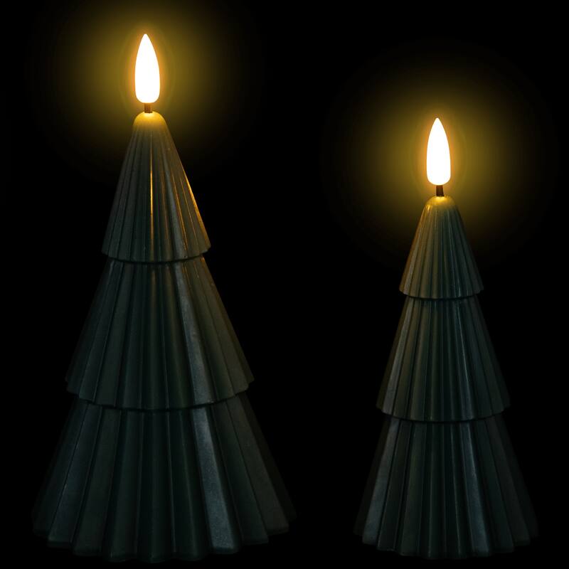 Ribbed Flickering LED Flameless Christmas Tree Wax Candles - 6" - Green - Set of 2