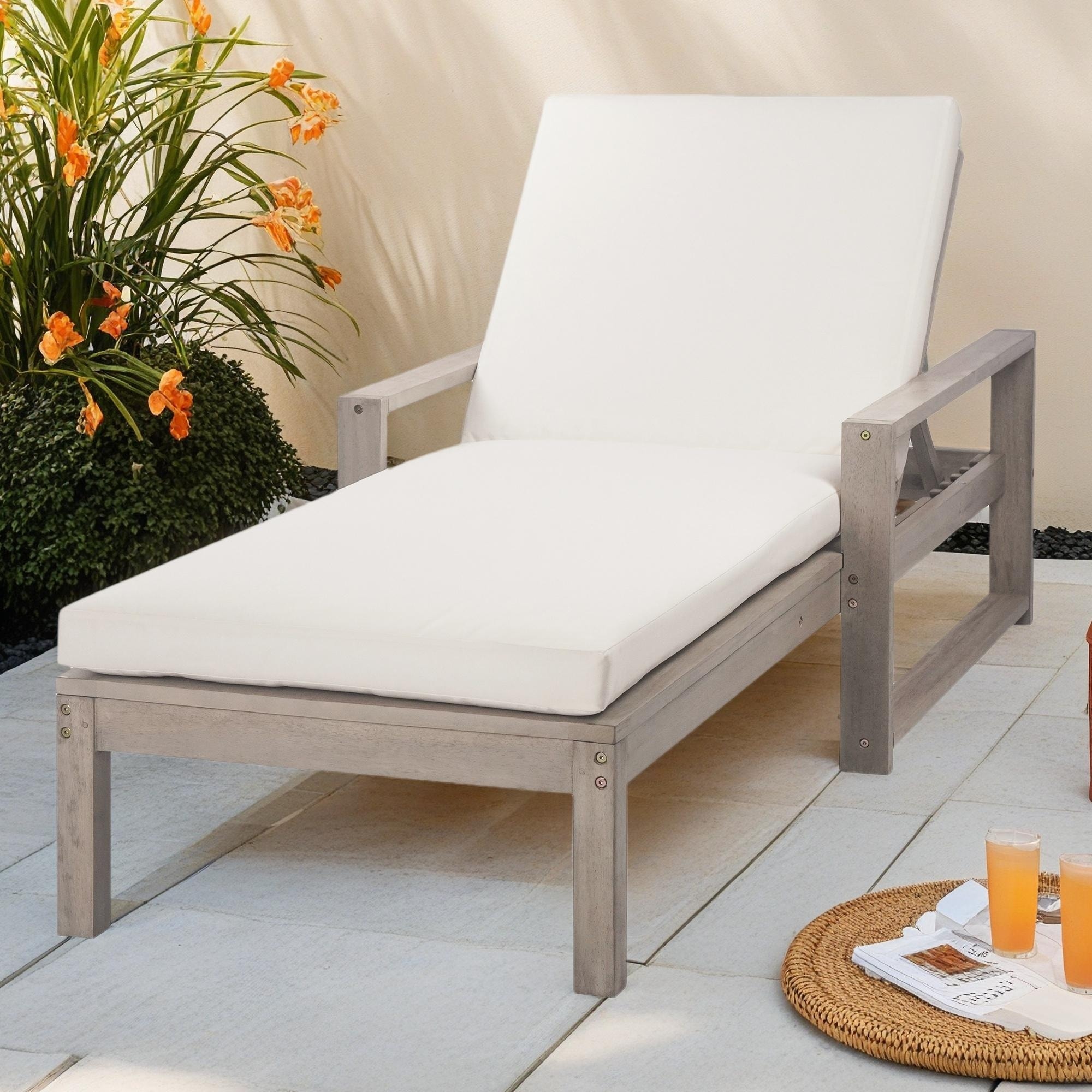 Outdoor Acacia Wood Chaise Lounge Chairs with Cushion & Adjustable Backrest