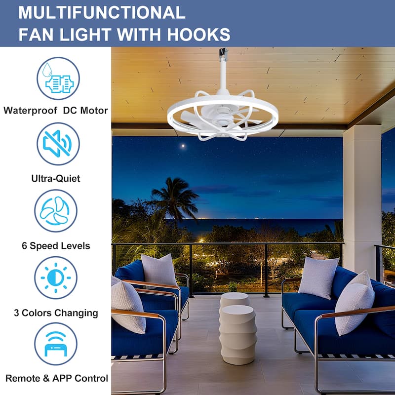 Waterproof Outdoor Ceiling Fan with Light - 20-Inch IP65 Plug-in, Remote App Control, 6-Speed Gazebo/Patio