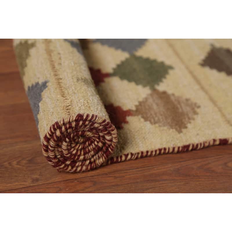Geometric Kilim Oriental Area Rug Flatweave Beige / Ivory Wool Carpet - 7'8"x 10'0"