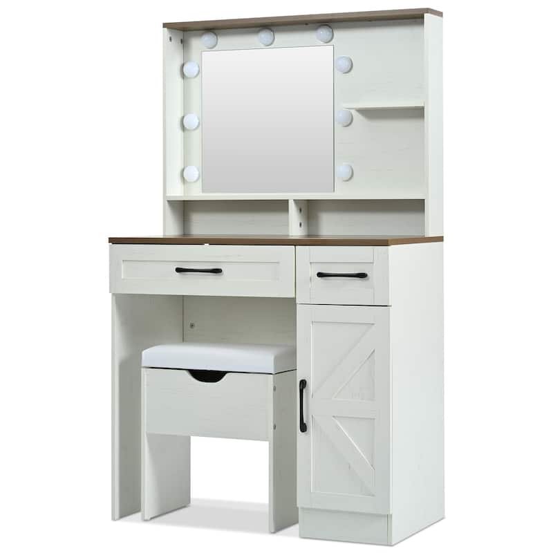 Vanity Desk with Mirror and Lights, Dressing Table with Adjustable Shelves and Drawer, Makeup Table with Side Cabinet