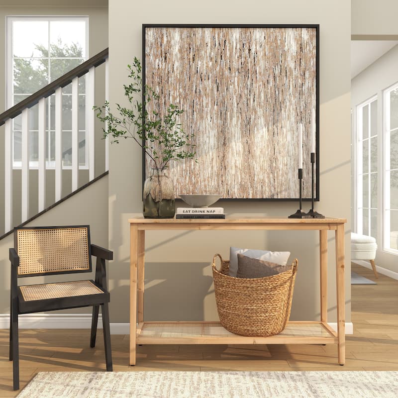 Brown Wood Slim Natural 1 Shelf Console Table with Glass Top and Rattan Shelf