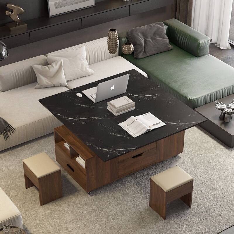 Modern Lift-Up Coffee Table with 2 Stools Set Expandable Hidden Storage + Drawers Space Saving Folding Dining Table