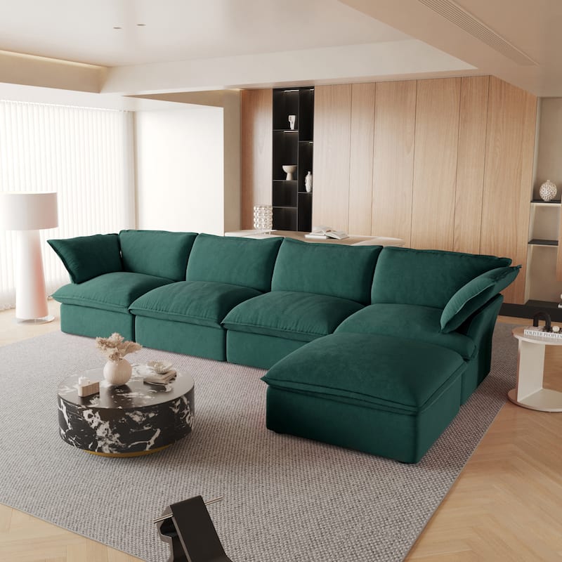 L-shaped 5-piece Wide Velvet Upholstery Sectional Sofa Couch with Storage Ottomans - Green