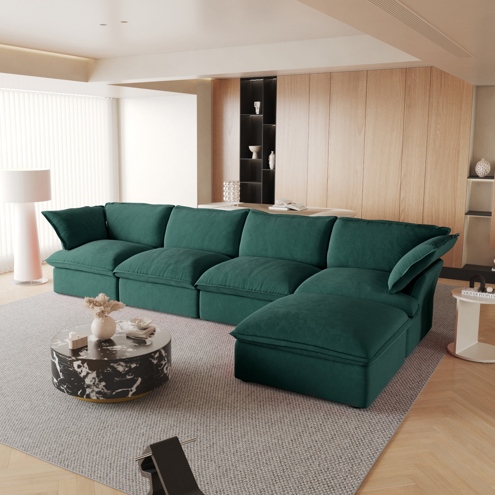 L-shaped 5-piece Wide Velvet Upholstery Sectional Sofa Couch with Storage Ottomans