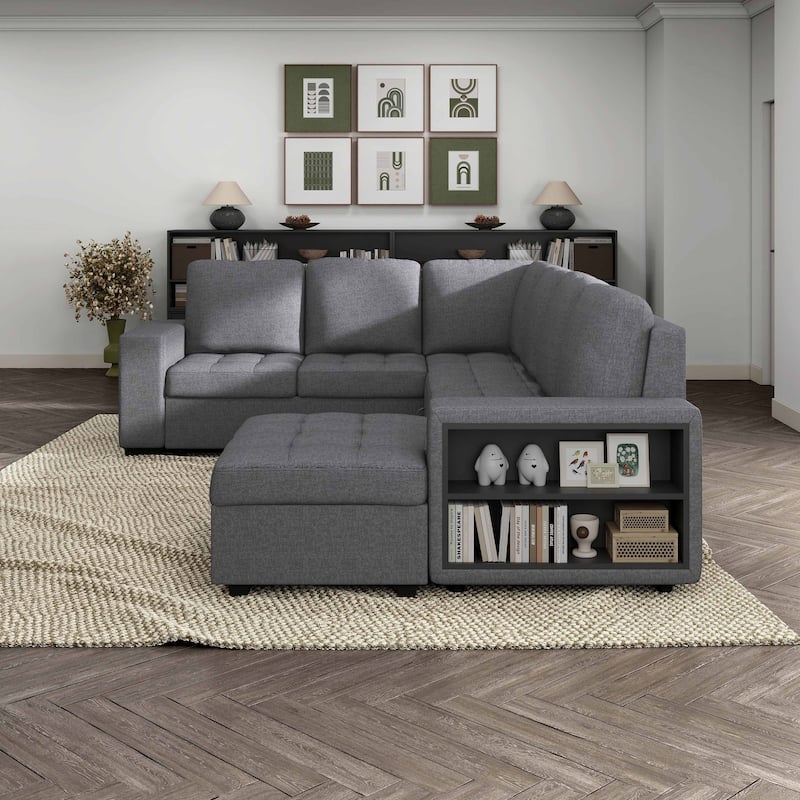 Furniture of America Jaquel Modern Biscuit Tufted Seat Sleeper Sofa Sectional with Storage Shelves and USB Ports