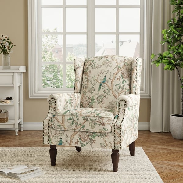 slide 2 of 87, Traditional Floral Patterned Wingback Armchair with Nailhead Trim