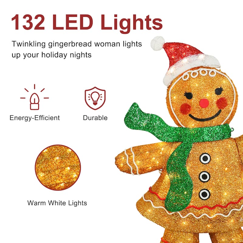 Puleo International 47" Pre-Lit Outdoor Gingerbread Woman Christmas Holiday Decor with 132 Warm White Twinkling LED Lights