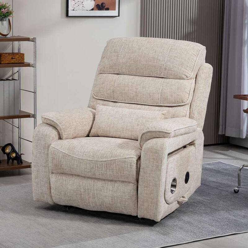 Dual Motor Oversized 180° Lay Flat Chenille Power Lift Recliner Chair with Retractable Tray, Wireless Charge