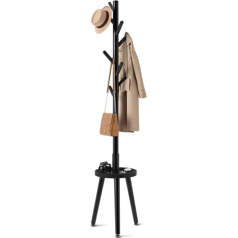 Coat Rack, Wooden Coat Rack Freestanding with Shelf, Coat Tree with 4 Height Options 50.5"-72.6"Hanger Stand - Black
