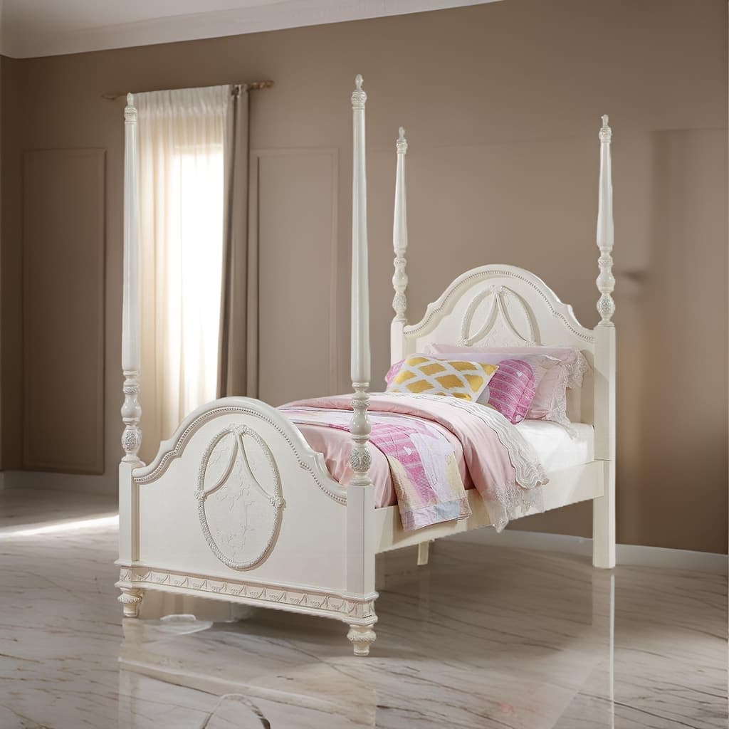 Dorie Twin Size Poster Bed, Embossed Floral and Oval Molding, Ivory