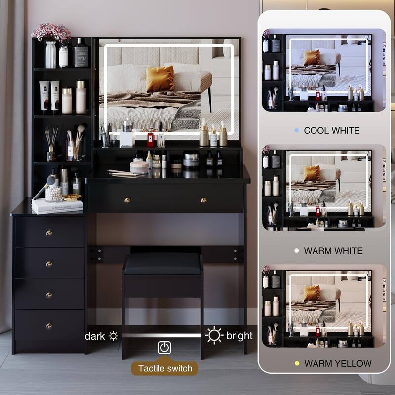 Vanity Desk with Touch Control LED Sliding Mirror, Large Capacity Dresser Table Set, Makeup Vanity with 5 Drawers & Stool