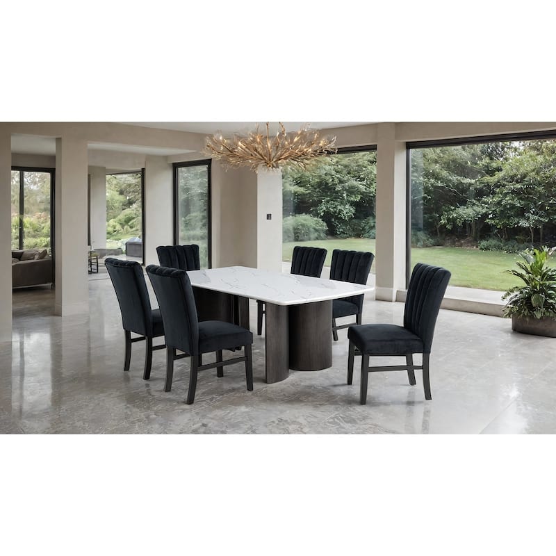 7pc White Black Finish Contemporary Dining Set Upholstered Chairs and Table