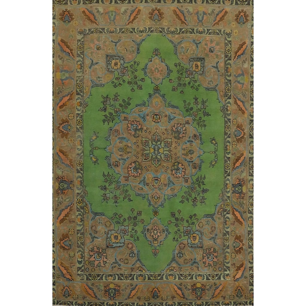 Hand Knotted Oriental 100% Wool Carpet Traditional Floral Green Tabriz Area Rug - 8' 10'' X 6' 3''