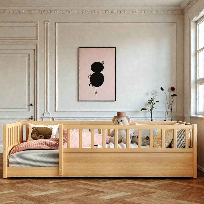 Montessori Wooden Floor Bed with High Safety Fence and Door, Pine Kids Floor Bed Frame for Boys and Girls