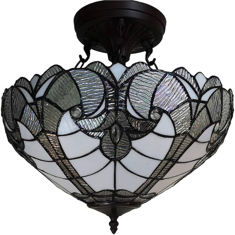 Tiffany Style Ceiling Lamp Fixture Semi Flush 16" Wide White Stained Glass 2 Dining Room Gift AM216HL16B Amora Lighting