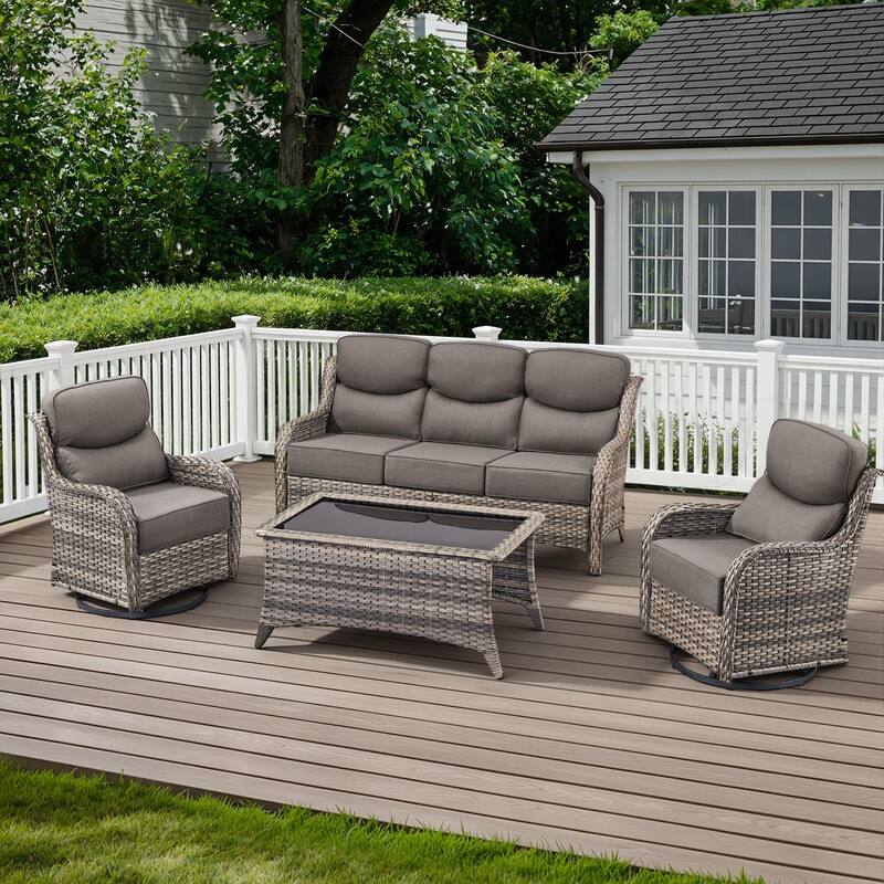 Arcadia 4-Piece Wicker Outdoor Patio Conversation Set with Swivel Gliders and 6-Inch Thick Olefin Cushions