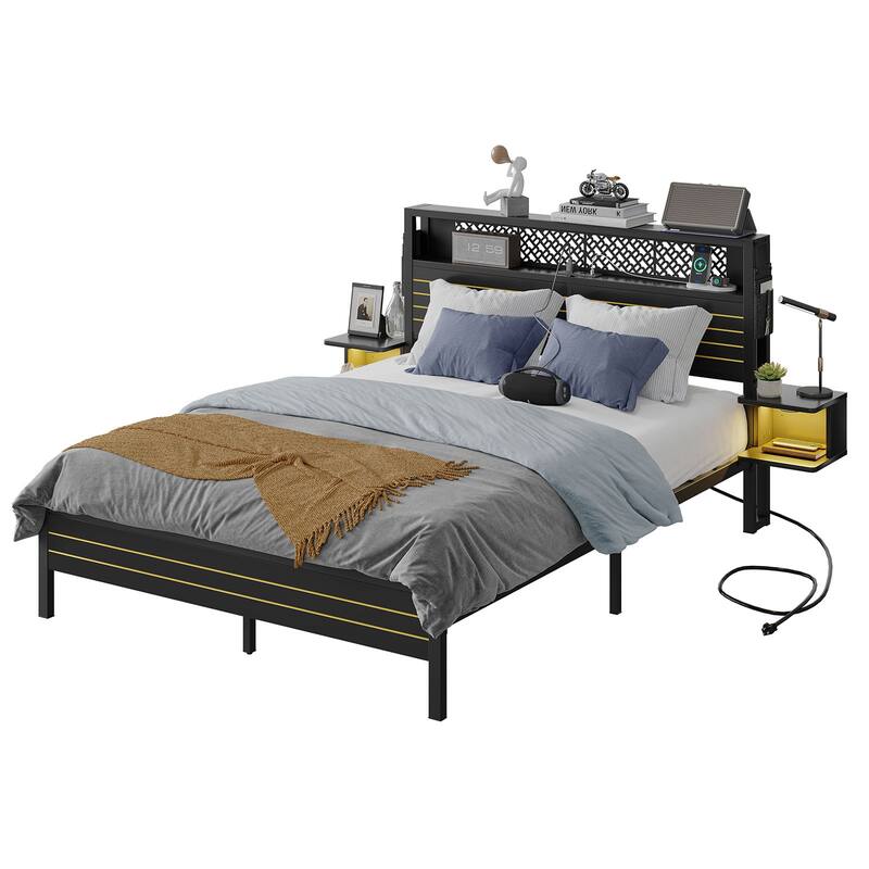 Bestier Bed Frame with Horizontal Golden Stripe Storage Headboard&LED Nightstands, Metal Platform Bed with Charging Station