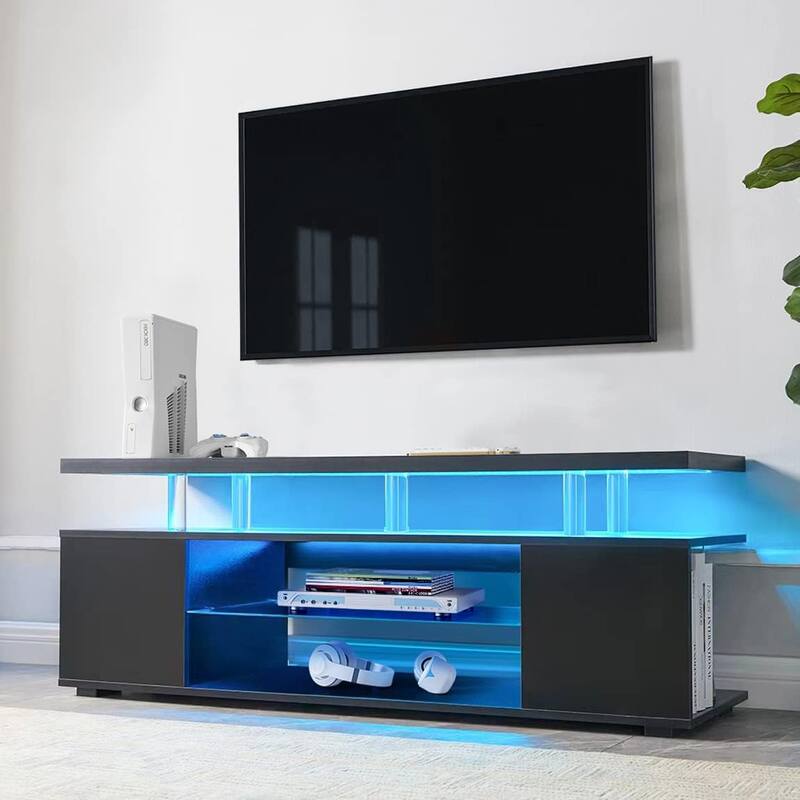 Modern LED TV Stand, Gaming Entertainment Center Media, for 70 Inch TV Table with Large Side Cabinet, for Living Room, Black