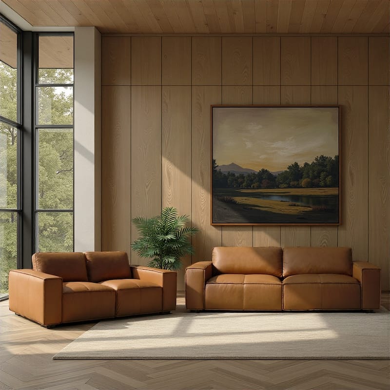 Clayton Top Grain Genuine Leather Loveseat, Sofa, or Living Room Set - 2 Piece Set - Ochre