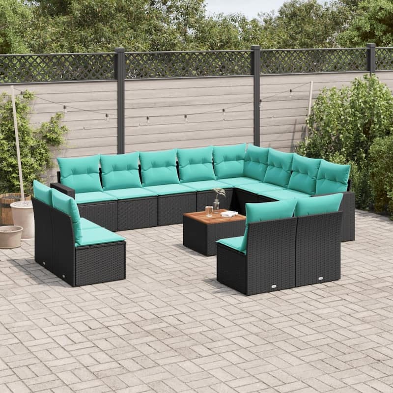 vidaXL 13 Piece Patio Sofa Set with Cushions Black Poly Rattan - 24.4" x 24.4" x 27.2" - Black and blue