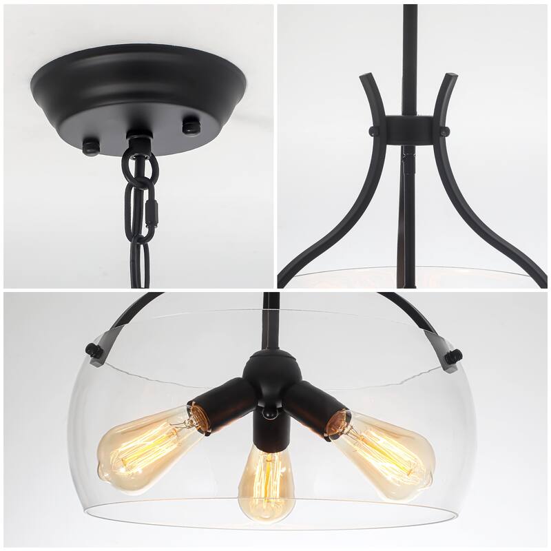 Simple and elegant 3-light metal frame pendant lamp with adjustable height chain and glass lampshade