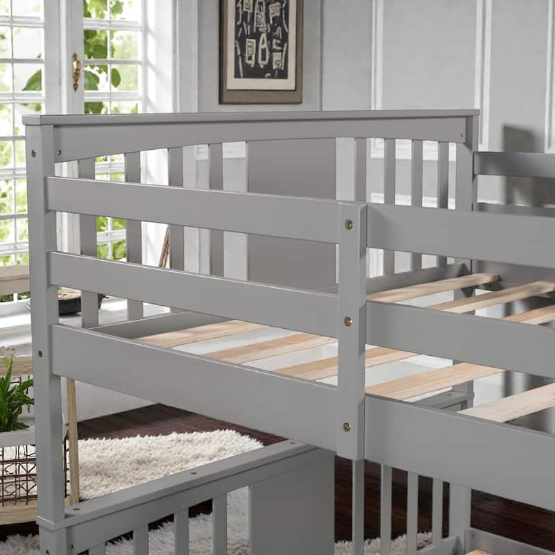 Full over Full Bunk Bed with Drawers and Ladder, Solid Wood Bunk Frame with Storage for Bedrooms and Guest Rooms