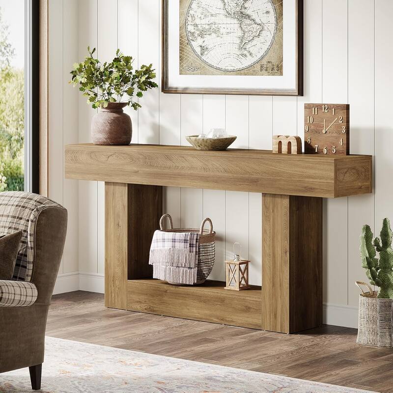 63" Console Table for Entryway, Farmhouse 2-Tier Wood Sofa Table Behind Couch