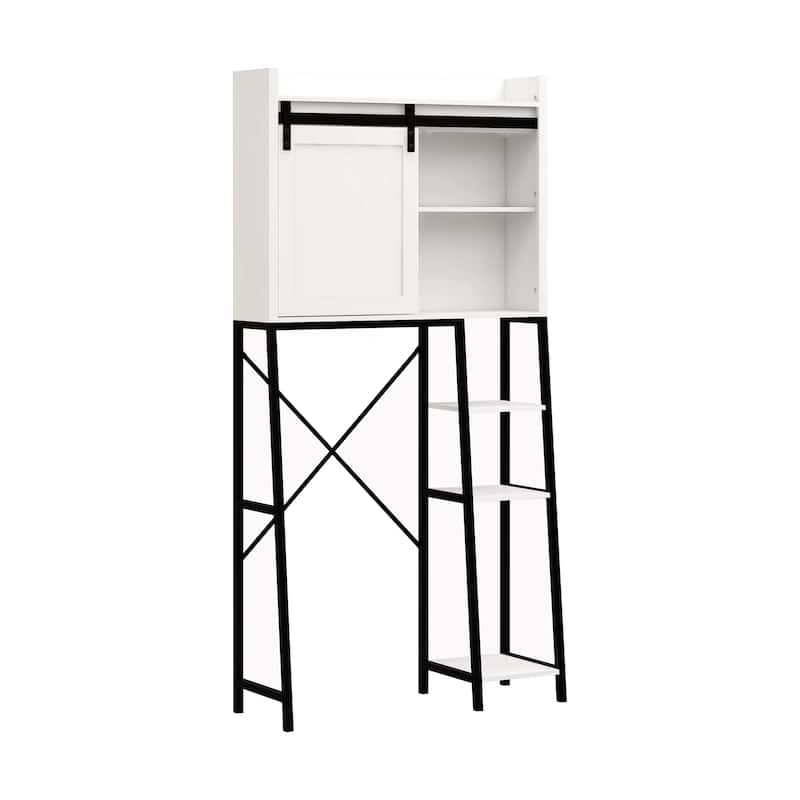 Sofucor Over The Toilet Storage with Sliding Barn Door,Bathroom Cabinet with Adjustable Shelves&Side Rack,for Small Bathrooms - Black and White