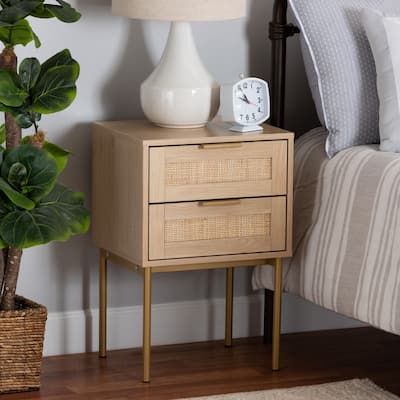 Dewitt Japandi Light Brown Finished Wood and Gold Metal 2-Drawer End Table