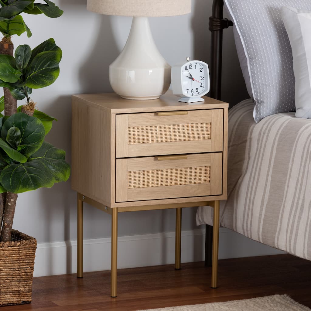 Dewitt Japandi Light Brown Finished Wood and Gold Metal 2-Drawer End Table